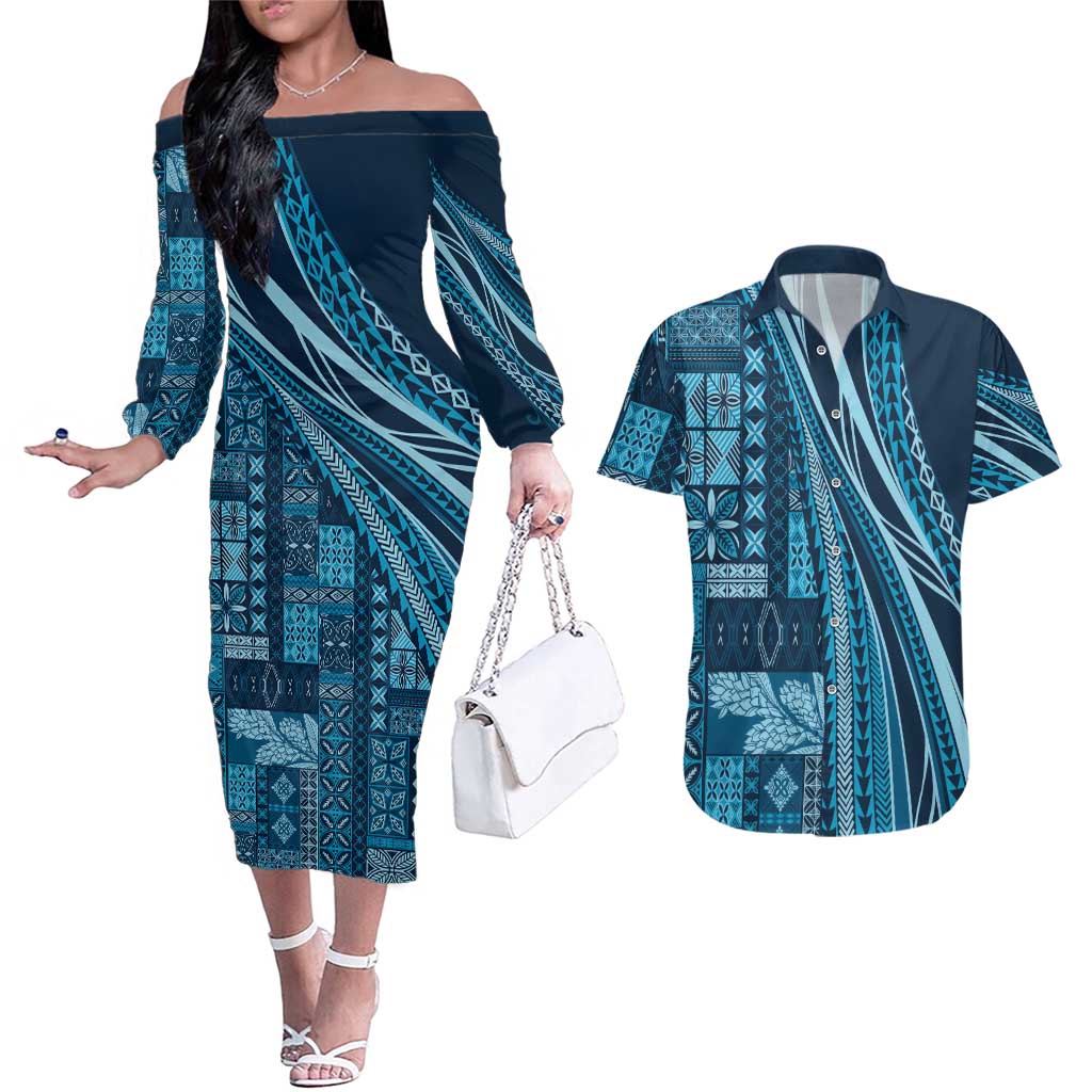 Pasifika Women's Day - Samoa Siapo Malu Tattoo Inspired Couples Matching Off The Shoulder Long Sleeve Dress and Hawaiian Shirt Navy Blue LT7 Navy Blue - Polynesian Pride