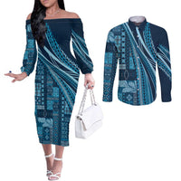 Pasifika Women's Day - Samoa Siapo Malu Tattoo Inspired Couples Matching Off The Shoulder Long Sleeve Dress and Long Sleeve Button Shirt Navy Blue LT7 Navy Blue - Polynesian Pride