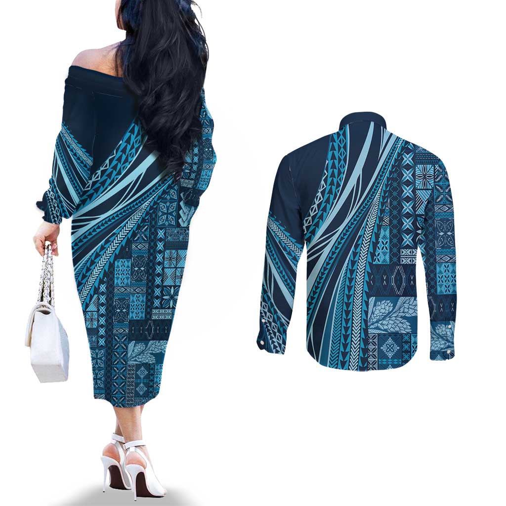Pasifika Women's Day - Samoa Siapo Malu Tattoo Inspired Couples Matching Off The Shoulder Long Sleeve Dress and Long Sleeve Button Shirt Navy Blue LT7 - Polynesian Pride