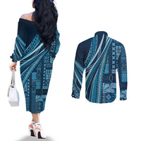 Pasifika Women's Day - Samoa Siapo Malu Tattoo Inspired Couples Matching Off The Shoulder Long Sleeve Dress and Long Sleeve Button Shirt Navy Blue LT7 - Polynesian Pride