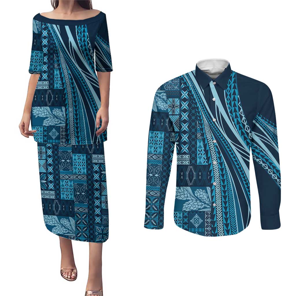 Pasifika Women's Day - Samoa Siapo Malu Tattoo Inspired Couples Matching Puletasi and Long Sleeve Button Shirt Navy Blue