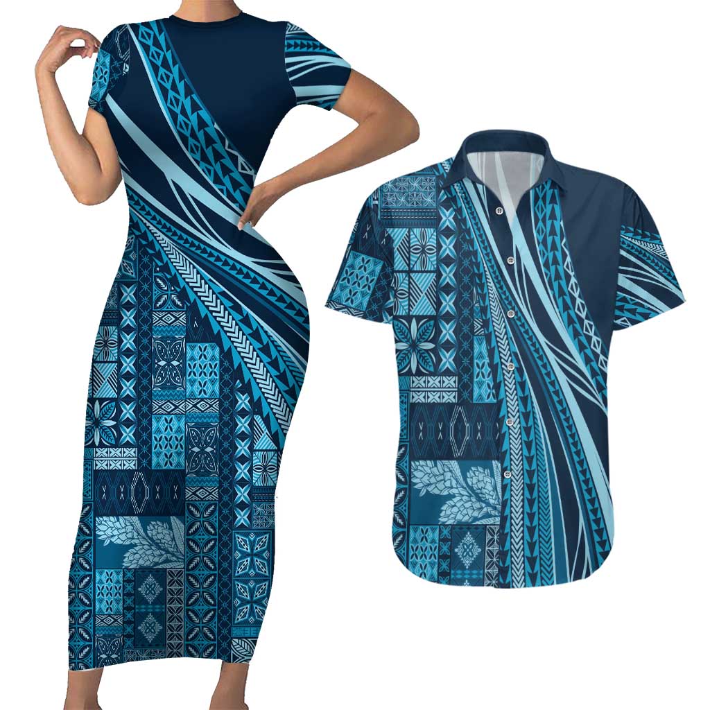 Pasifika Women's Day - Samoa Siapo Malu Tattoo Inspired Couples Matching Short Sleeve Bodycon Dress and Hawaiian Shirt Navy Blue LT7 Navy Blue - Polynesian Pride