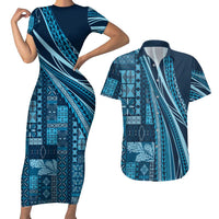 Pasifika Women's Day - Samoa Siapo Malu Tattoo Inspired Couples Matching Short Sleeve Bodycon Dress and Hawaiian Shirt Navy Blue LT7 Navy Blue - Polynesian Pride