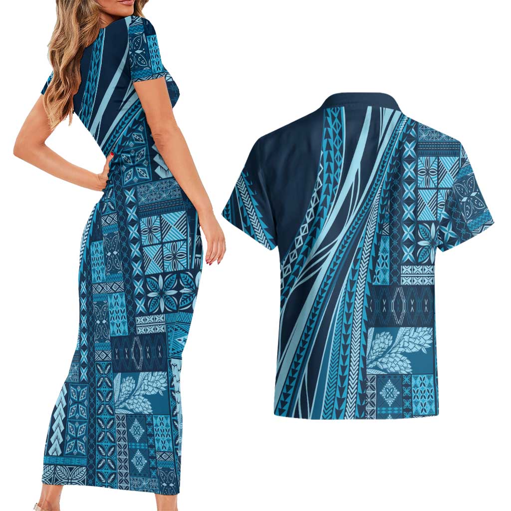 Pasifika Women's Day - Samoa Siapo Malu Tattoo Inspired Couples Matching Short Sleeve Bodycon Dress and Hawaiian Shirt Navy Blue LT7 - Polynesian Pride