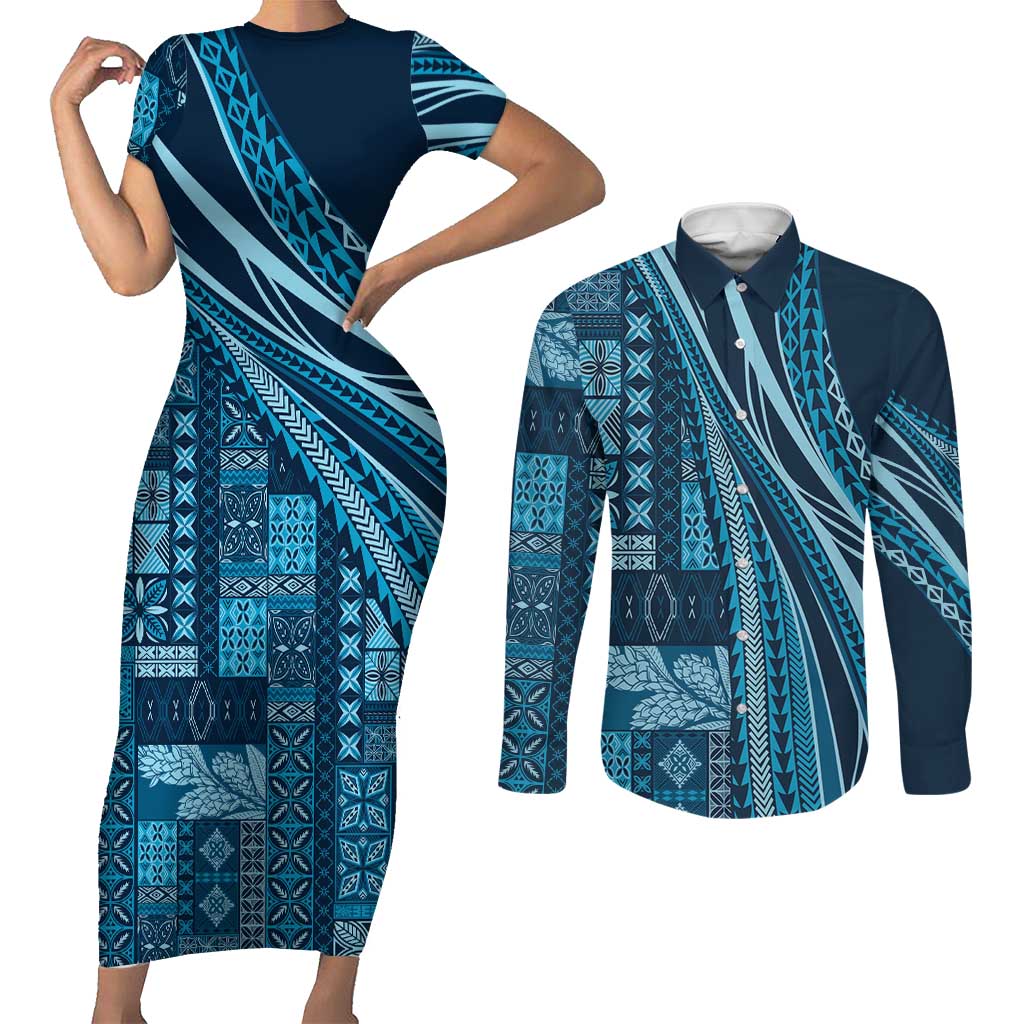 Pasifika Women's Day - Samoa Siapo Malu Tattoo Inspired Couples Matching Short Sleeve Bodycon Dress and Long Sleeve Button Shirt Navy Blue LT7 Navy Blue - Polynesian Pride