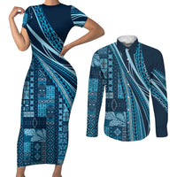 Pasifika Women's Day - Samoa Siapo Malu Tattoo Inspired Couples Matching Short Sleeve Bodycon Dress and Long Sleeve Button Shirt Navy Blue LT7 Navy Blue - Polynesian Pride