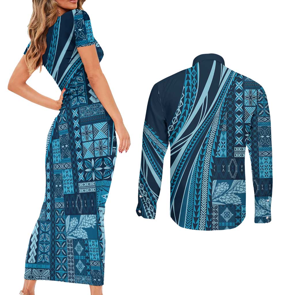 Pasifika Women's Day - Samoa Siapo Malu Tattoo Inspired Couples Matching Short Sleeve Bodycon Dress and Long Sleeve Button Shirt Navy Blue LT7 - Polynesian Pride