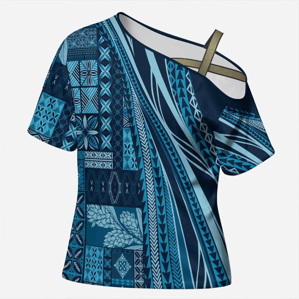 Pasifika Women's Day - Samoa Siapo Malu Tattoo Inspired Cross Shoulder Shirt Navy Blue