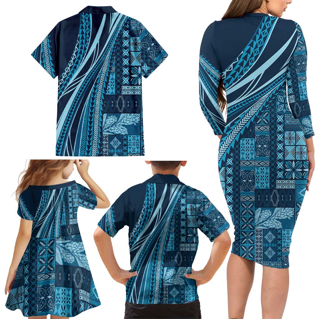 Pasifika Women's Day - Samoa Siapo Malu Tattoo Inspired Family Matching Long Sleeve Bodycon Dress and Hawaiian Shirt Navy Blue