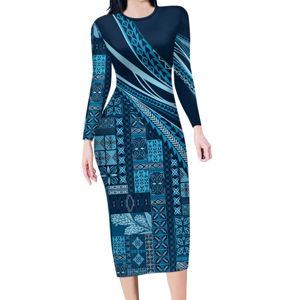 Pasifika Women's Day - Samoa Siapo Malu Tattoo Inspired Family Matching Long Sleeve Bodycon Dress and Hawaiian Shirt Navy Blue