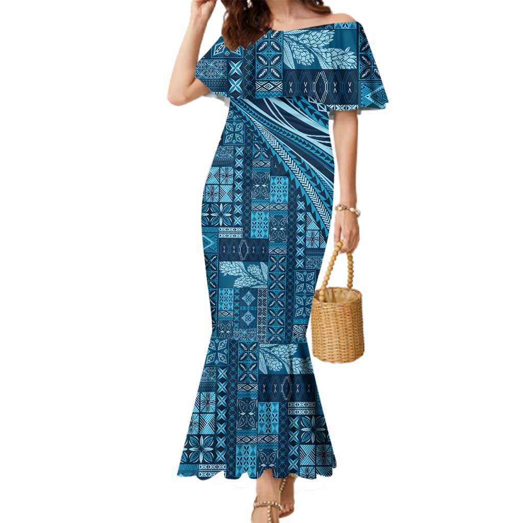 Pasifika Women's Day - Samoa Siapo Malu Tattoo Inspired Family Matching Mermaid Dress and Hawaiian Shirt Navy Blue