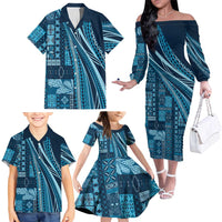 Pasifika Women's Day - Samoa Siapo Malu Tattoo Inspired Family Matching Off The Shoulder Long Sleeve Dress and Hawaiian Shirt Navy Blue