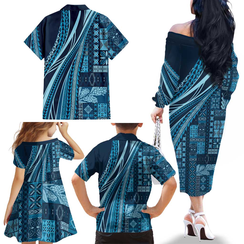 Pasifika Women's Day - Samoa Siapo Malu Tattoo Inspired Family Matching Off The Shoulder Long Sleeve Dress and Hawaiian Shirt Navy Blue
