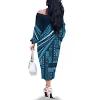Pasifika Women's Day - Samoa Siapo Malu Tattoo Inspired Family Matching Off The Shoulder Long Sleeve Dress and Hawaiian Shirt Navy Blue