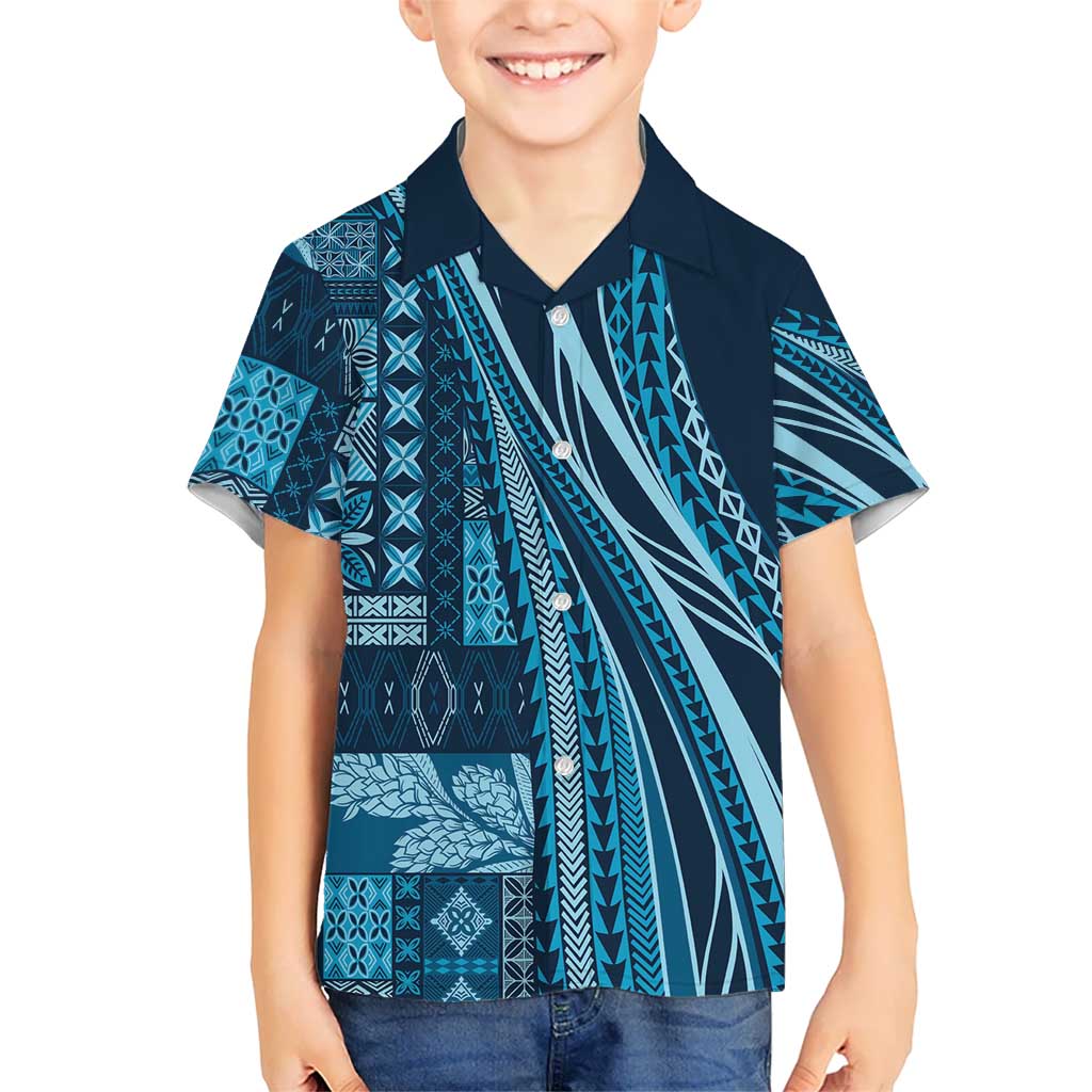 Pasifika Women's Day - Samoa Siapo Malu Tattoo Inspired Family Matching Off The Shoulder Long Sleeve Dress and Hawaiian Shirt Navy Blue