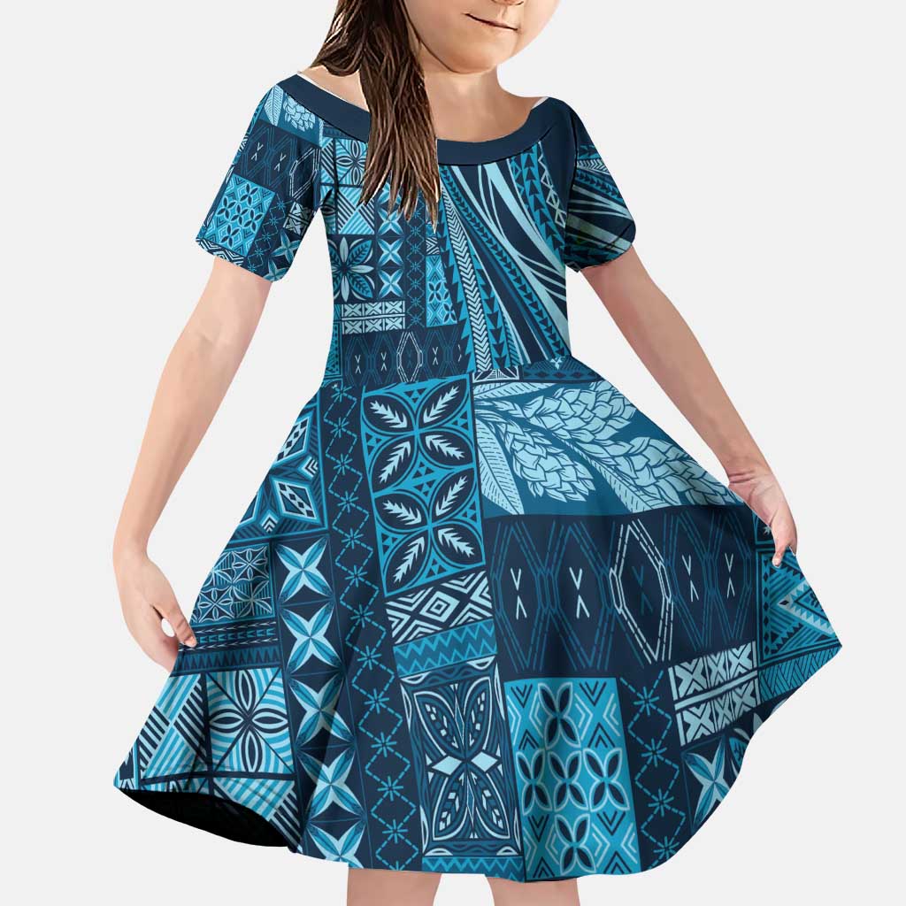 Pasifika Women's Day - Samoa Siapo Malu Tattoo Inspired Family Matching Off Shoulder Short Dress and Hawaiian Shirt Navy Blue
