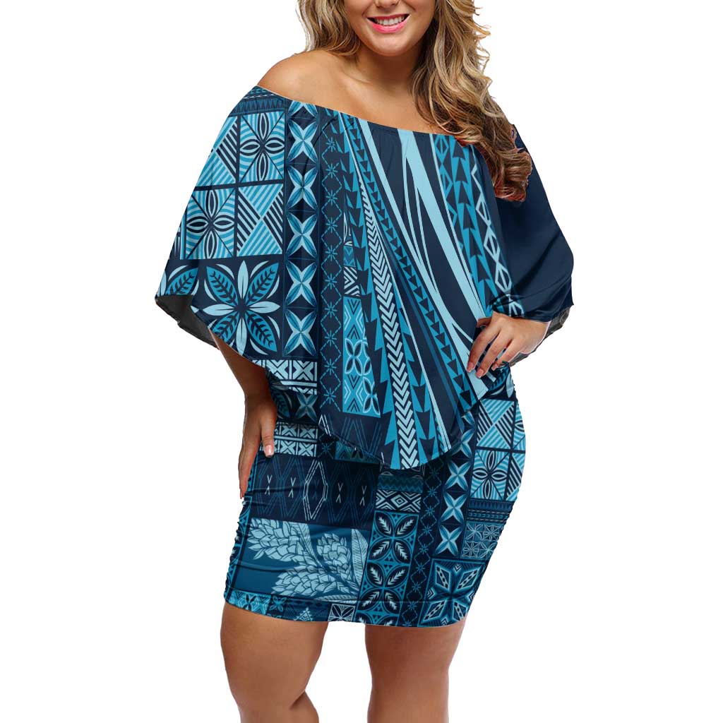 Pasifika Women's Day - Samoa Siapo Malu Tattoo Inspired Family Matching Off Shoulder Short Dress and Hawaiian Shirt Navy Blue