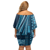 Pasifika Women's Day - Samoa Siapo Malu Tattoo Inspired Family Matching Off Shoulder Short Dress and Hawaiian Shirt Navy Blue