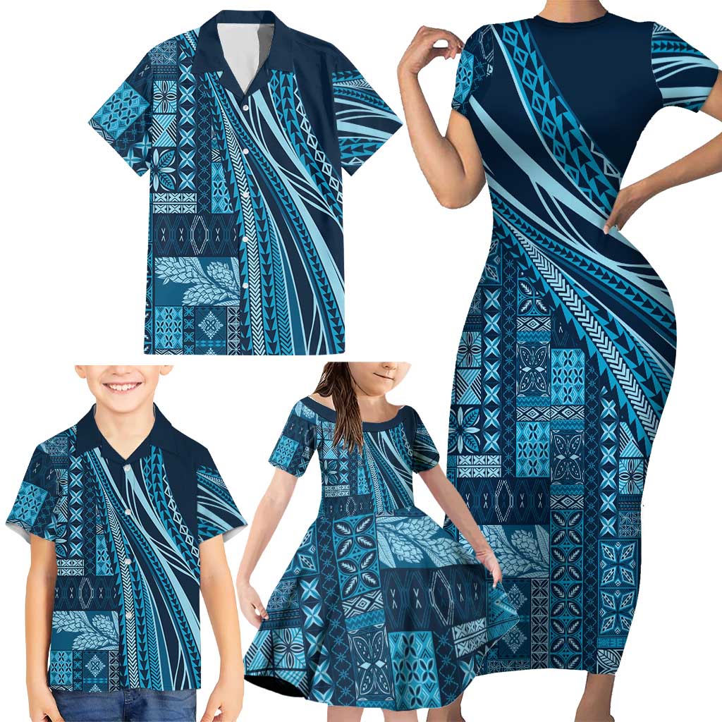 Pasifika Women's Day - Samoa Siapo Malu Tattoo Inspired Family Matching Short Sleeve Bodycon Dress and Hawaiian Shirt Navy Blue