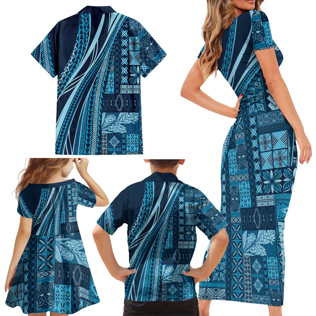 Pasifika Women's Day - Samoa Siapo Malu Tattoo Inspired Family Matching Short Sleeve Bodycon Dress and Hawaiian Shirt Navy Blue
