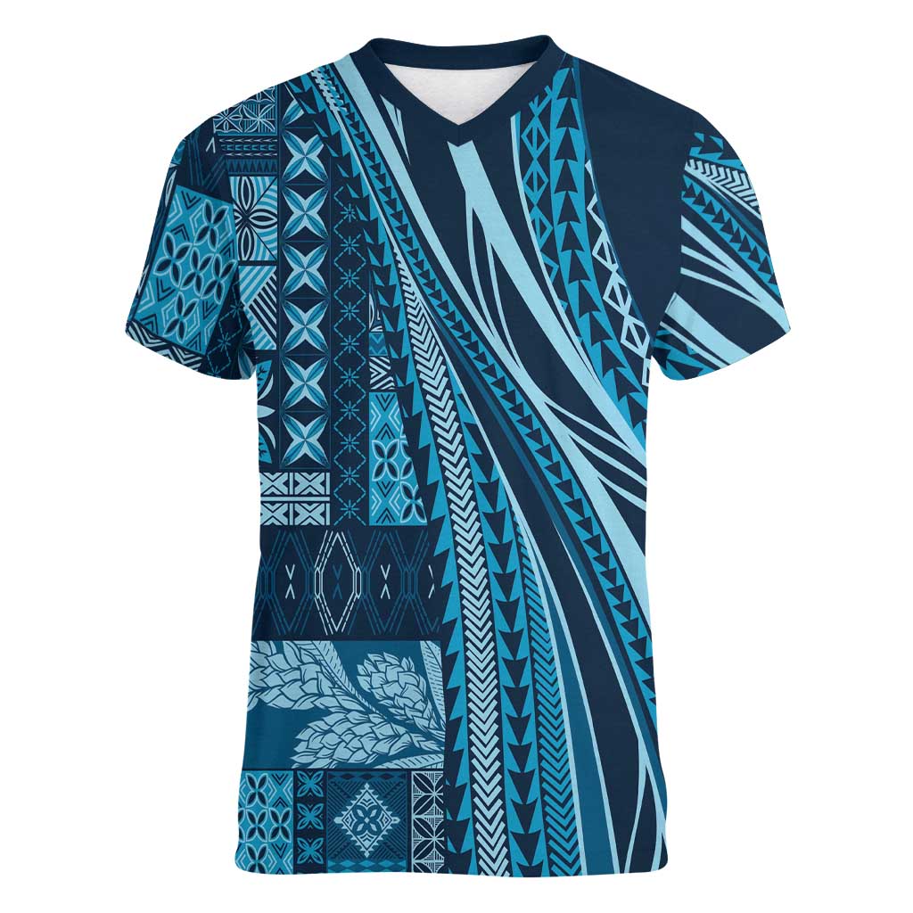 Pasifika Women's Day - Samoa Siapo Malu Tattoo Inspired Women V-Neck T-Shirt Navy Blue