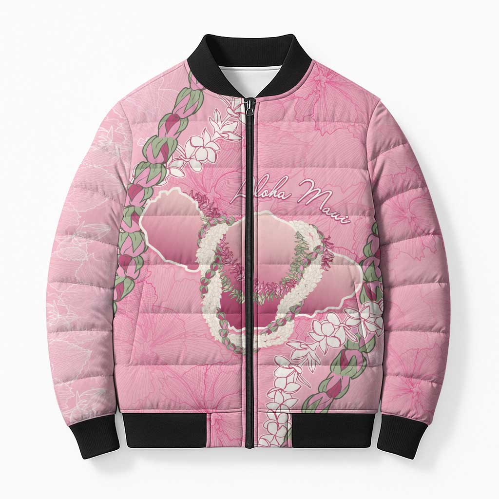 Hawaii Maui Island Flowers Lei Bomber Puffer Jacket Lokelani Rose Pink