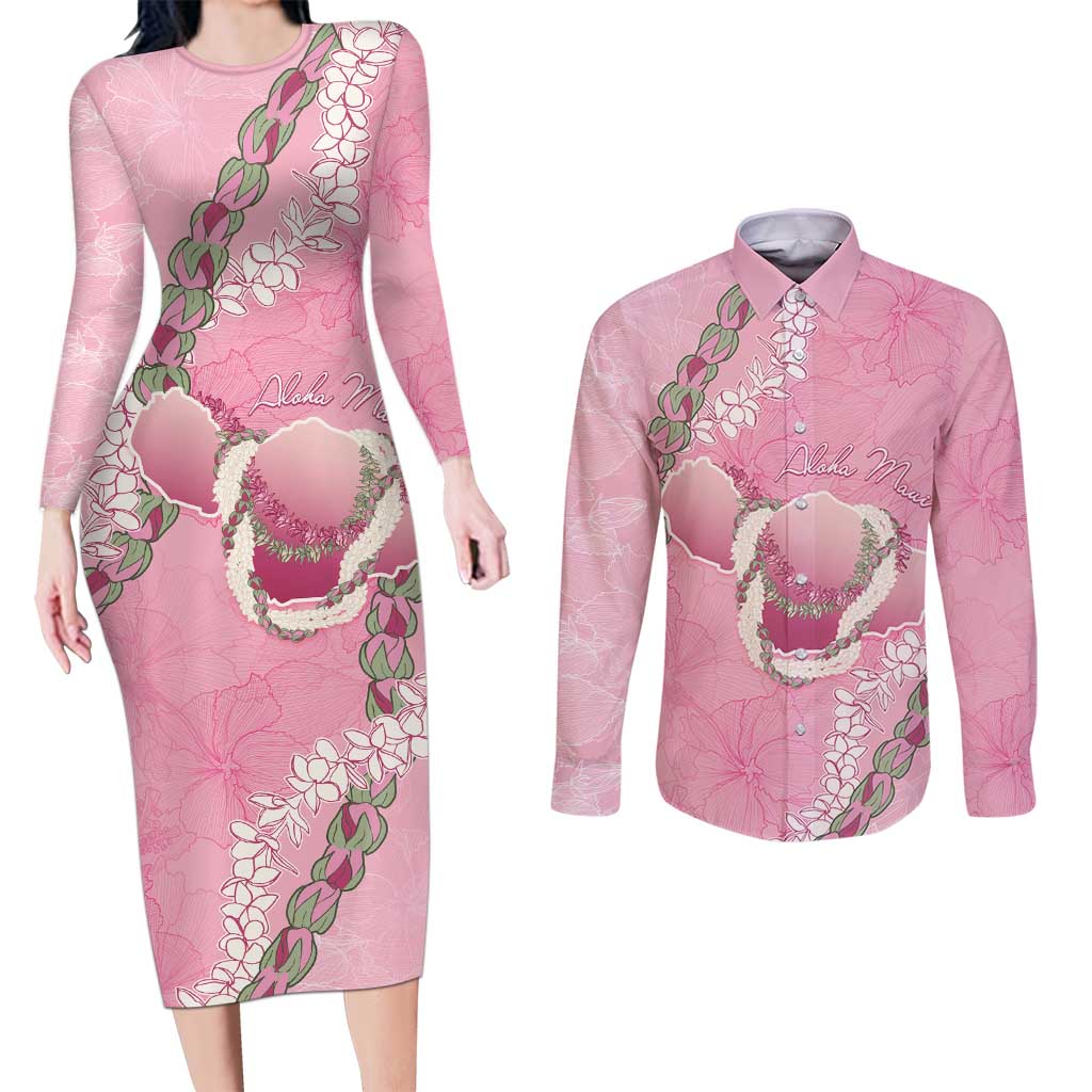 Hawaii Maui Island Flowers Lei Couples Matching Long Sleeve Bodycon Dress and Long Sleeve Button Shirt Lokelani Rose Pink