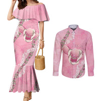 Hawaii Maui Island Flowers Lei Couples Matching Mermaid Dress and Long Sleeve Button Shirt Lokelani Rose Pink