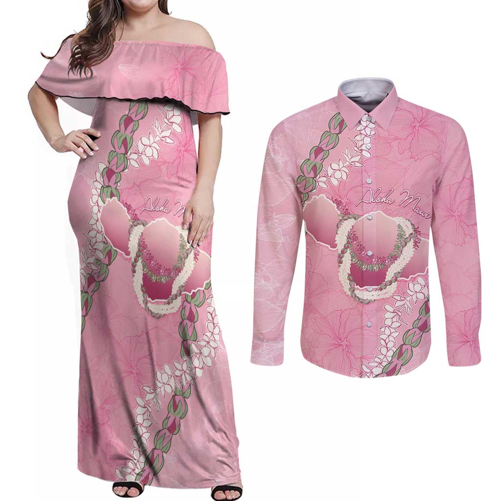 Hawaii Maui Island Flowers Lei Couples Matching Off Shoulder Maxi Dress and Long Sleeve Button Shirt Lokelani Rose Pink