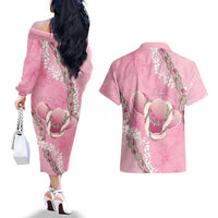 Hawaii Maui Island Flowers Lei Couples Matching Off The Shoulder Long Sleeve Dress and Hawaiian Shirt Lokelani Rose Pink