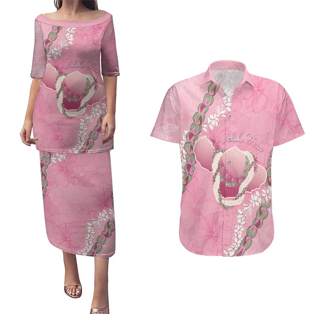 Hawaii Maui Island Flowers Lei Couples Matching Puletasi and Hawaiian Shirt Lokelani Rose Pink