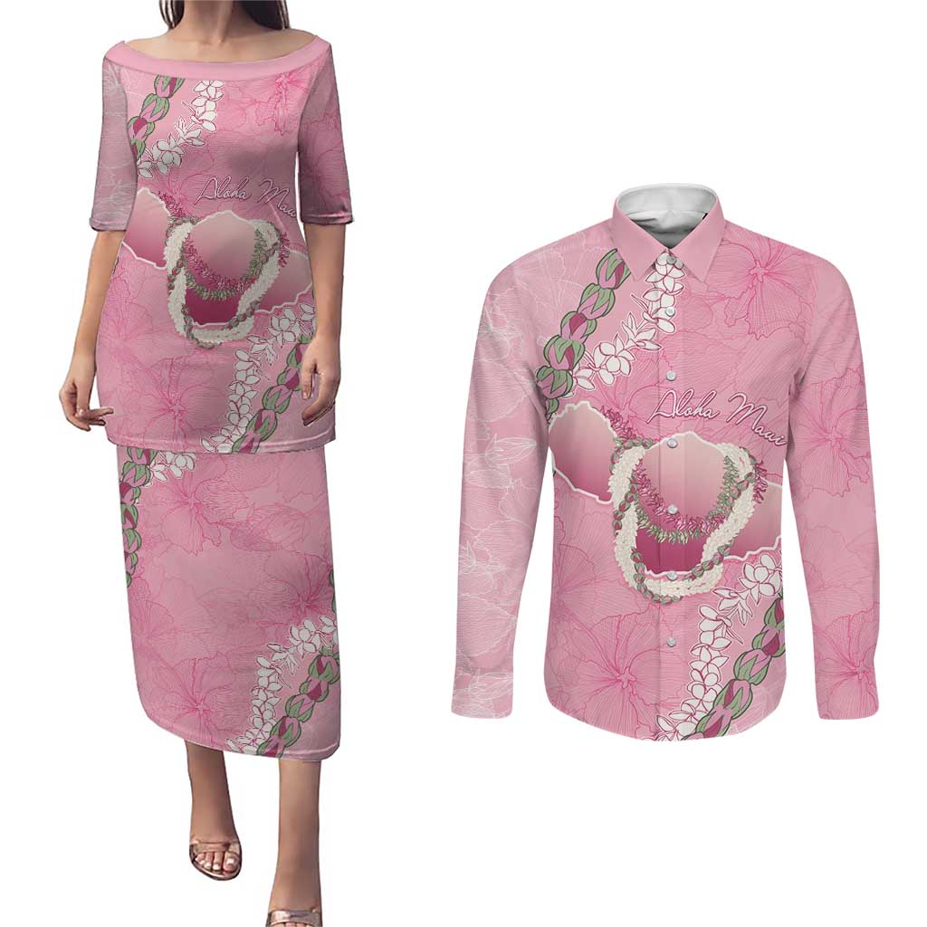 Hawaii Maui Island Flowers Lei Couples Matching Puletasi and Long Sleeve Button Shirt Lokelani Rose Pink