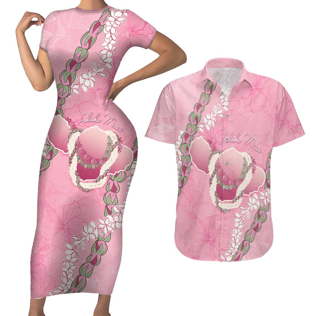 Hawaii Maui Island Flowers Lei Couples Matching Short Sleeve Bodycon Dress and Hawaiian Shirt Lokelani Rose Pink