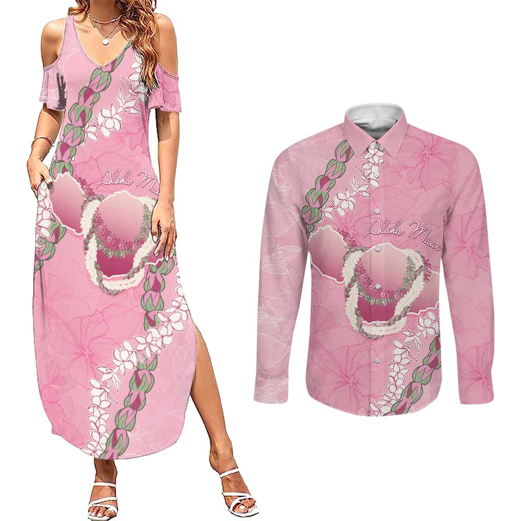 Hawaii Maui Island Flowers Lei Couples Matching Summer Maxi Dress and Long Sleeve Button Shirt Lokelani Rose Pink