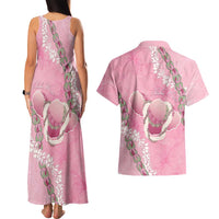 Hawaii Maui Island Flowers Lei Couples Matching Tank Maxi Dress and Hawaiian Shirt Lokelani Rose Pink