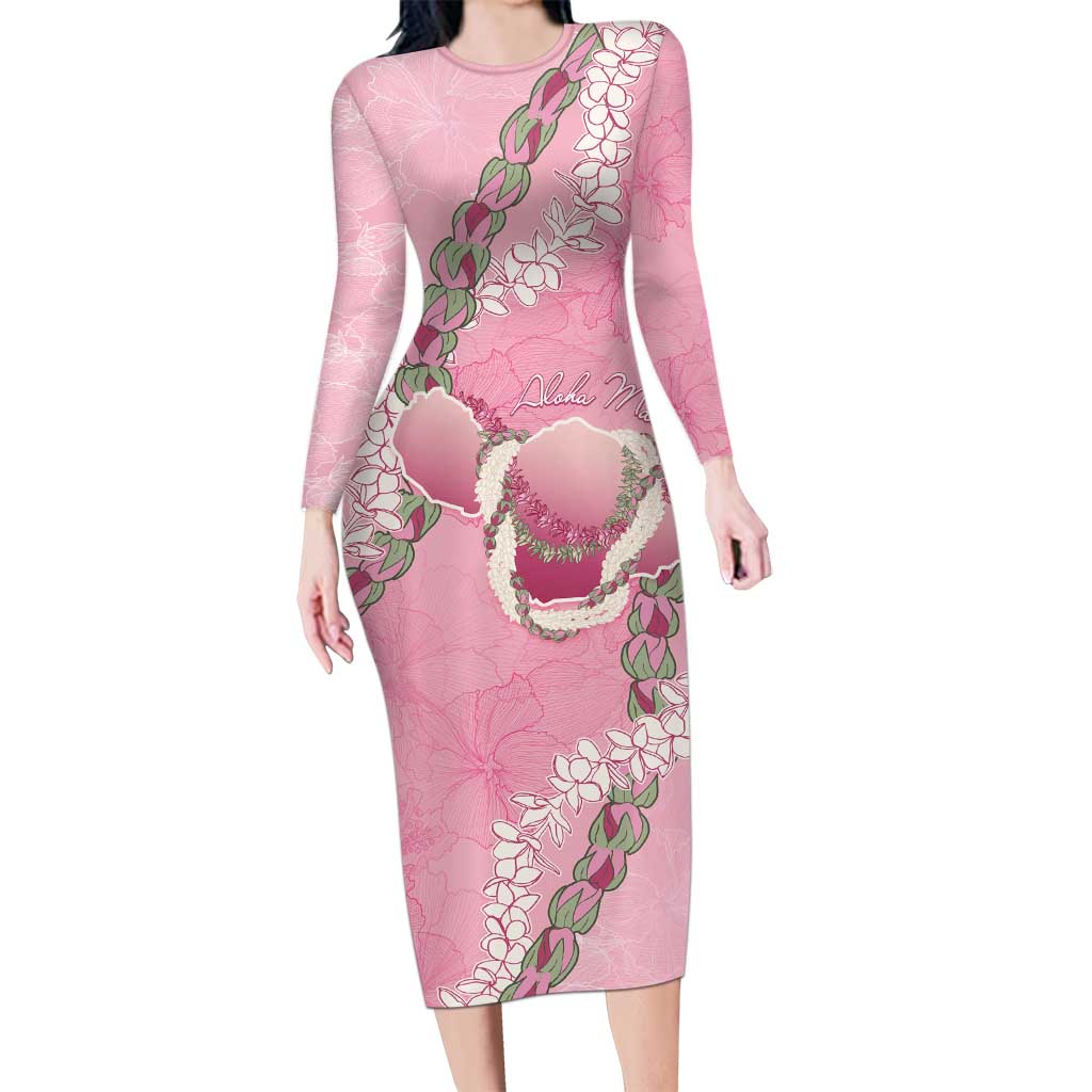 Hawaii Maui Island Flowers Lei Family Matching Long Sleeve Bodycon Dress and Hawaiian Shirt Lokelani Rose Pink