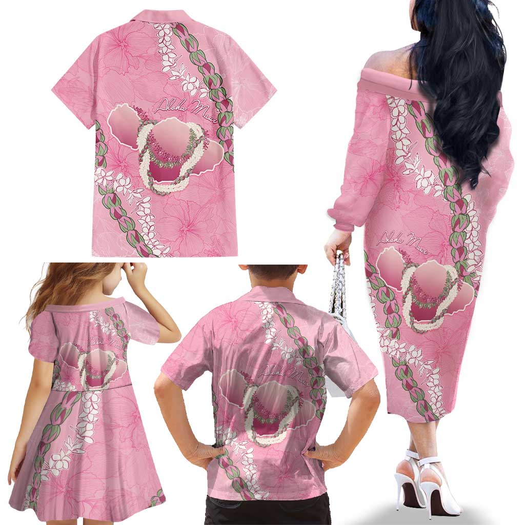 Hawaii Maui Island Flowers Lei Family Matching Off The Shoulder Long Sleeve Dress and Hawaiian Shirt Lokelani Rose Pink