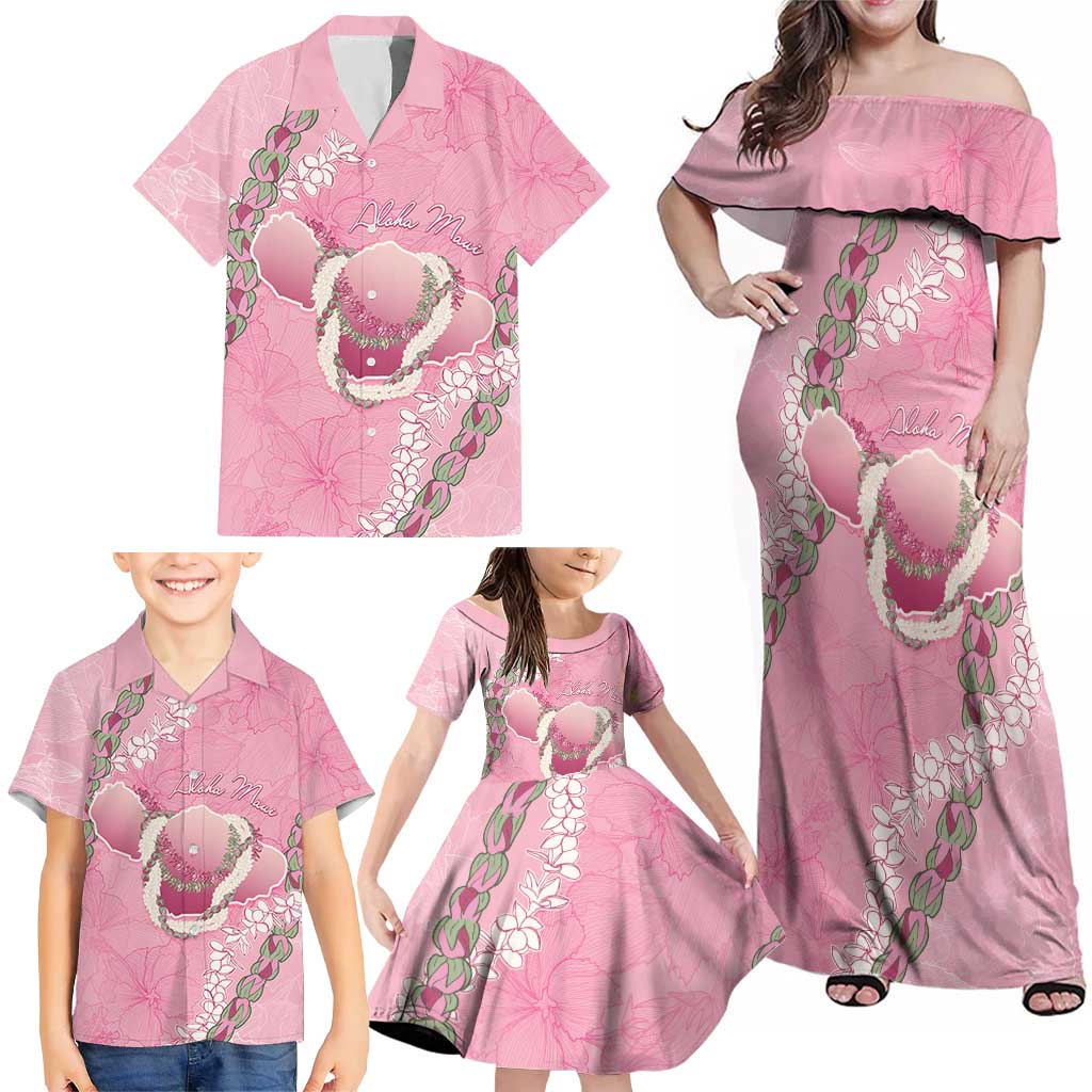 Hawaii Maui Island Flowers Lei Family Matching Off Shoulder Maxi Dress and Hawaiian Shirt Lokelani Rose Pink