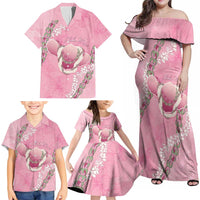 Hawaii Maui Island Flowers Lei Family Matching Off Shoulder Maxi Dress and Hawaiian Shirt Lokelani Rose Pink