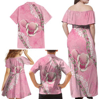 Hawaii Maui Island Flowers Lei Family Matching Off Shoulder Maxi Dress and Hawaiian Shirt Lokelani Rose Pink