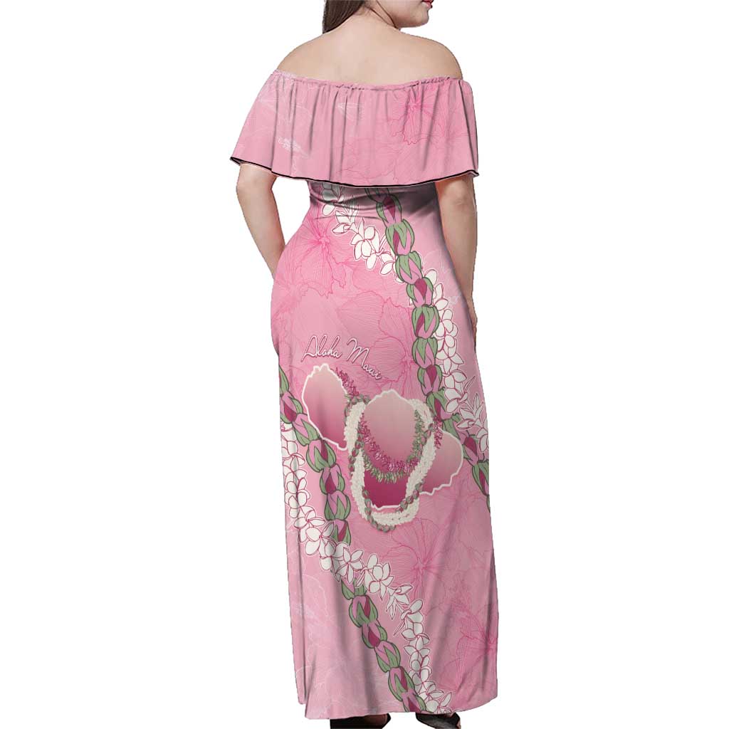 Hawaii Maui Island Flowers Lei Family Matching Off Shoulder Maxi Dress and Hawaiian Shirt Lokelani Rose Pink