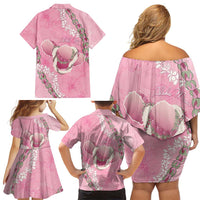 Hawaii Maui Island Flowers Lei Family Matching Off Shoulder Short Dress and Hawaiian Shirt Lokelani Rose Pink