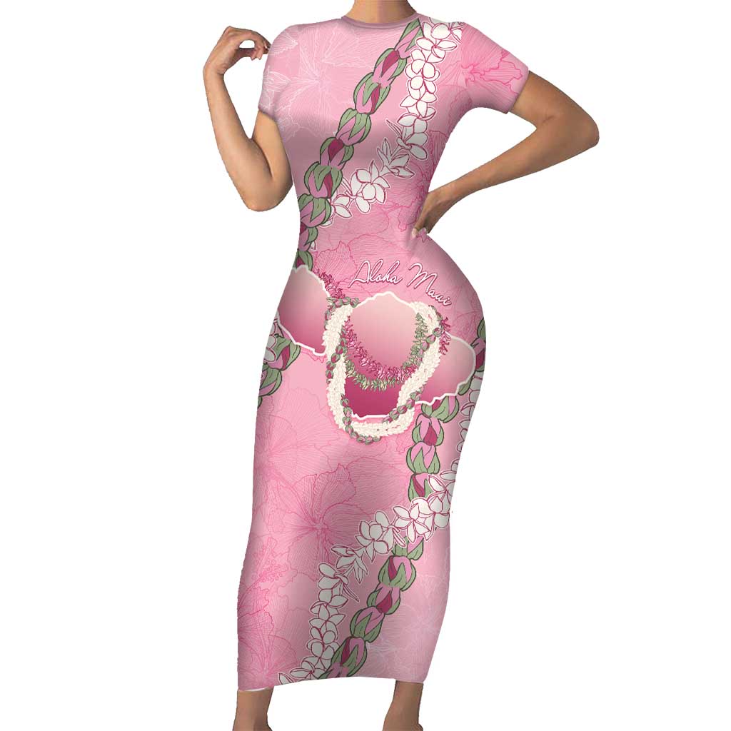 Hawaii Maui Island Flowers Lei Family Matching Short Sleeve Bodycon Dress and Hawaiian Shirt Lokelani Rose Pink