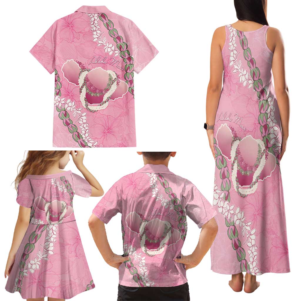 Hawaii Maui Island Flowers Lei Family Matching Tank Maxi Dress and Hawaiian Shirt Lokelani Rose Pink