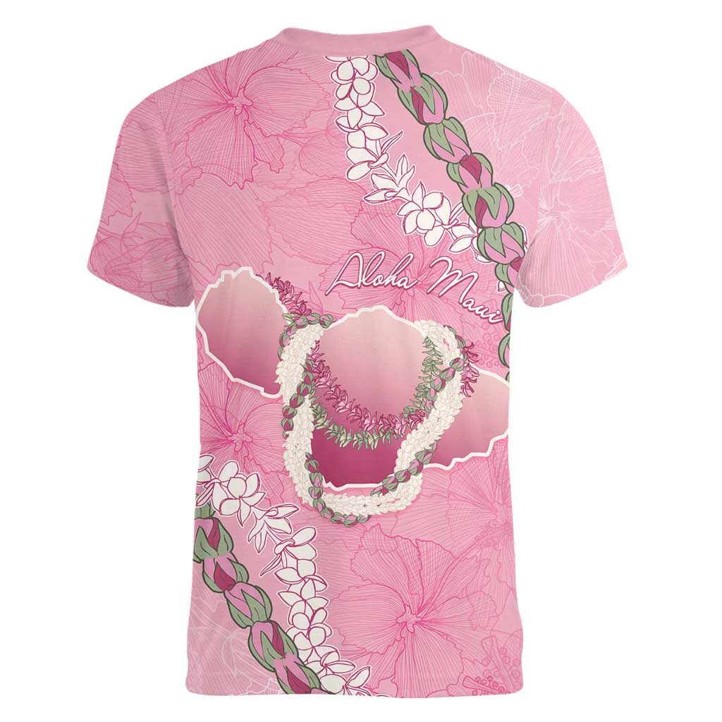 Hawaii Maui Island Flowers Lei Women V-Neck T-Shirt Lokelani Rose Pink