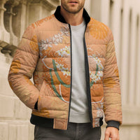 Hawaii Lanai Island Flowers Lei Bomber Puffer Jacket Orange Kaunaoa Mix Maile