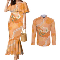 Hawaii Lanai Island Flowers Lei Couples Matching Mermaid Dress and Long Sleeve Button Shirt Orange Kaunaoa Mix Maile