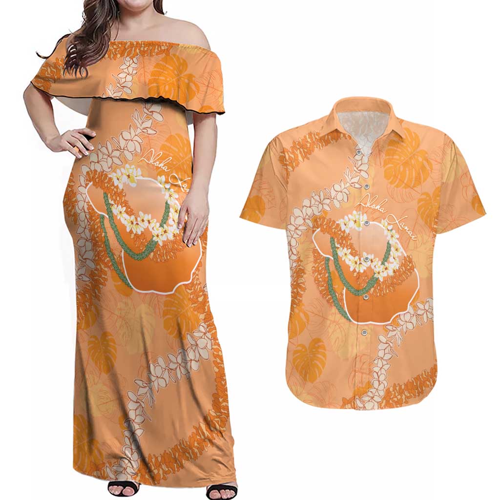Hawaii Lanai Island Flowers Lei Couples Matching Off Shoulder Maxi Dress and Hawaiian Shirt Orange Kaunaoa Mix Maile