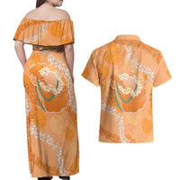 Hawaii Lanai Island Flowers Lei Couples Matching Off Shoulder Maxi Dress and Hawaiian Shirt Orange Kaunaoa Mix Maile