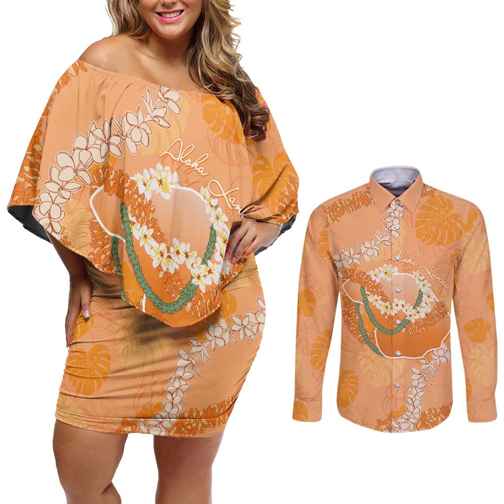 Hawaii Lanai Island Flowers Lei Couples Matching Off Shoulder Short Dress and Long Sleeve Button Shirt Orange Kaunaoa Mix Maile